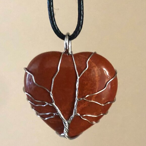 Red Jasper Heart Shaped Natural Gemstone Tree Of Life Wire Wrap Pendant - Picture 2 of 2